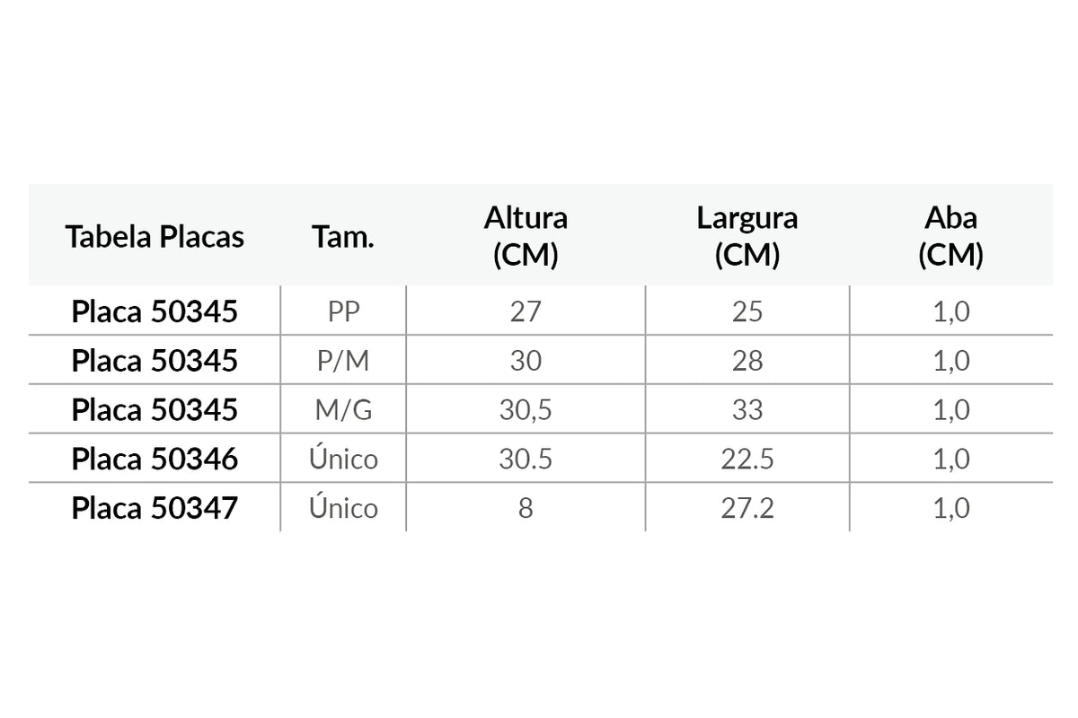 Tabela de medidas mobile do produto