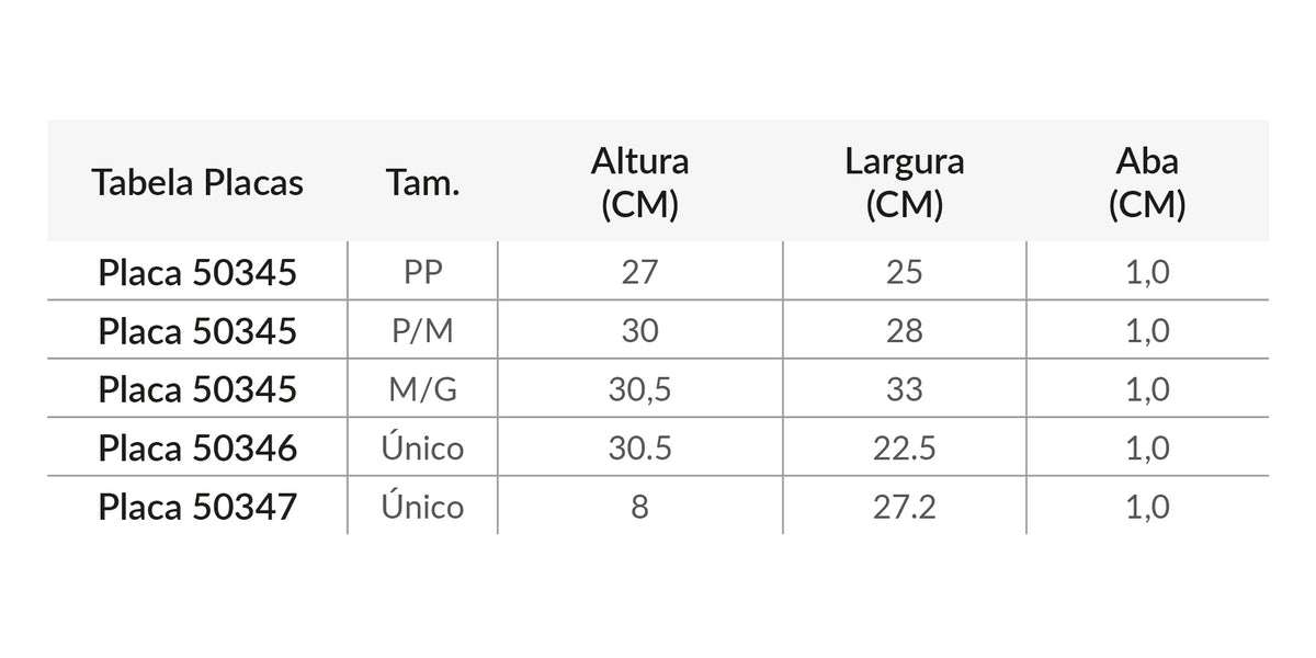 Tabela de medidas do produto